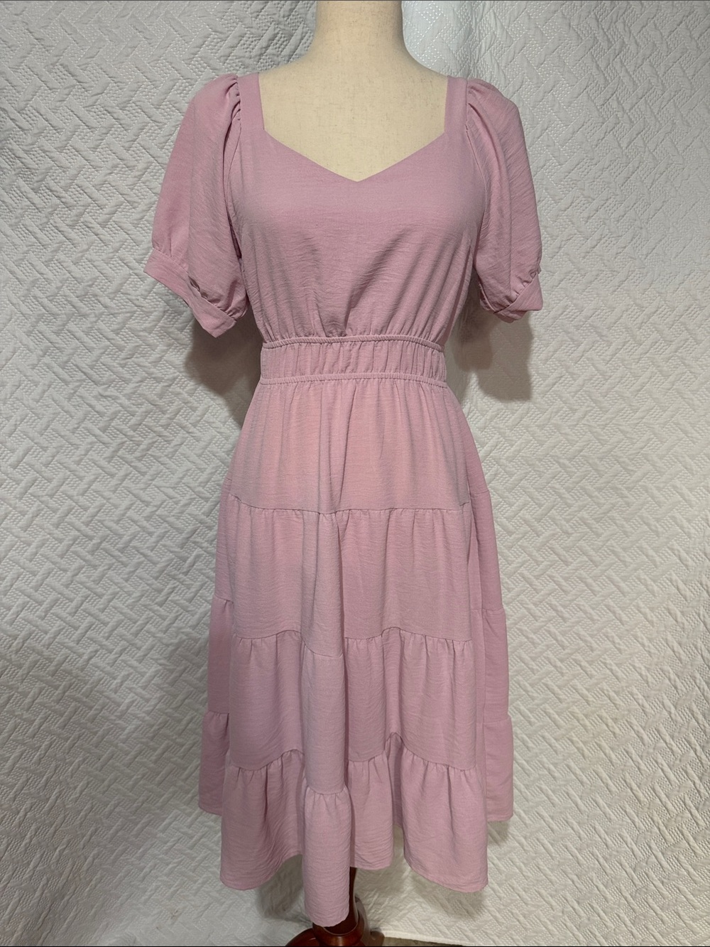 Monteau Blush Pink Tiered Midi Dress with Puff Sleeves
